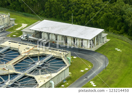 Aerial view of modern water cleaning facility at urban wastewater treatment plant. Purification process of removing undesirable chemicals, suspended solids and gases from contaminated liquid 123214450