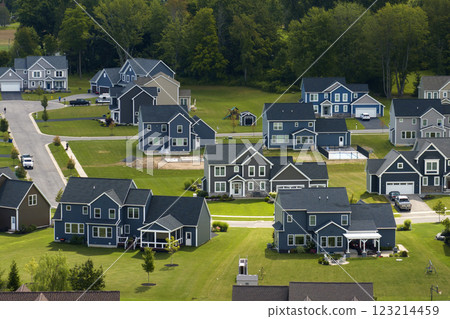 Aerial view of large private homes in Rochester, NY residential area. New family houses as example of real estate development in american suburbs 123214459