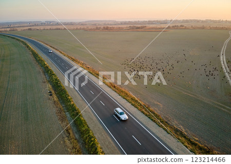 Aerial view of intercity road with blurred fast driving car at sunset. Top view from drone of highway traffic in evening 123214466