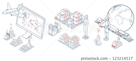 Global logistics network. 3D isometric scenes showing export-import operations via air, road, rail, and cargo services. 123214517