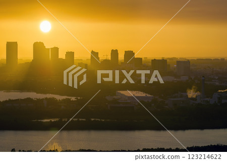Aerial view of downtown district of Tampa city in Florida, USA at sunset. Dark silhouette of high skyscraper office buildings in modern american midtown 123214622