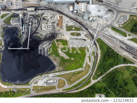 Aerial view of coal storage pile at Kingston power plant in Roane County, Tennessee. Major coal-fired power plant producing electricity. Fossil fuel usage for energy production Aerial view of coal storage pile at Kingston power plant in Roane County, Tennessee. Major coal-fired power plant producing electricity. Fossil fuel usage for energy production 123214631