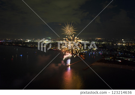 Aerial view of bright fireworks exploding with colorful lights over sea shore on US Independence day holiday 123214636