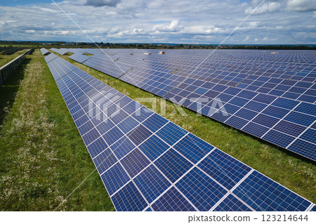 Aerial view of big sustainable electric power plant with many rows of solar photovoltaic panels for producing clean electrical energy. Renewable electricity with zero emission concept 123214644