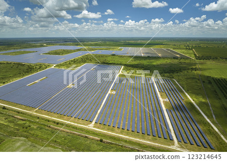 Aerial view of big sustainable electric power plant with many rows of solar photovoltaic panels for producing clean electrical energy. Renewable electricity with zero emission concept 123214645