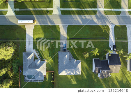 Aerial view of american small town in Florida with private homes between green palm trees and suburban streets in quiet residential area 123214648