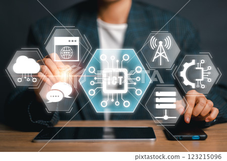 Digital interface showcasing ICT technology with network icons representing modern communication and information systems. 123215096