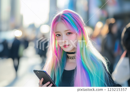 A girl with unicorn-colored hair using a smartphone 123215357