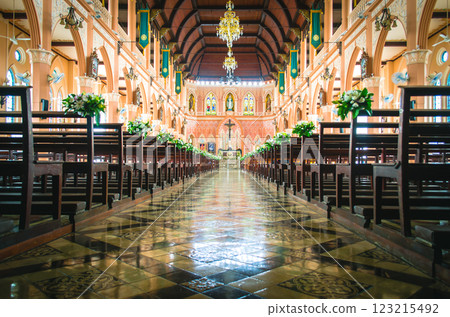 Cathedral of the Immaculate Conception, Chanthaburi, Thailand, Interior of a beautiful church with wooden pews. Cathedral of the Immaculate Conception, Chanthaburi, Thailand, Interior of a beautiful church with wooden pews. 123215492