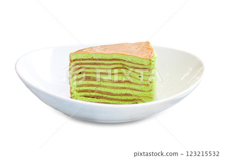 green tea crepe cake on a white plate green tea crepe cake on a white plate 123215532