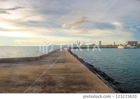 Pattya beach Thailand, Serene pier extending into calm waters 123215620