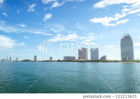 Pattya beach Thailand, City skyline with water and blue sky backdrop 123215625