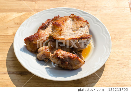 Cooked chicken on a white plate Cooked chicken on a white plate 123215793
