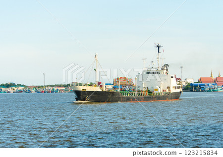 Cargo ship navigating a tranquil waterway. 123215834