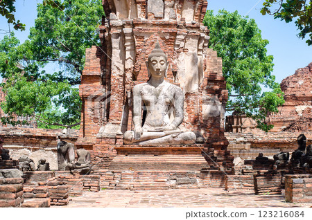 Ancient statue among ruins and greenery at Wat Mahatat 123216084