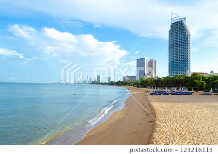 Pattaya beach at Thailand, Sunny beach with skyscrapers and clear blue sky 123216113