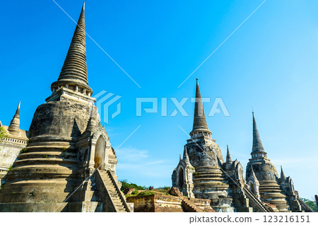Wat Wat Phra Si Sanphet , Ayuttaya, Thailand, Ancient pagodas under a clear blue sky Wat Wat Phra Si Sanphet , Ayuttaya, Thailand, Ancient pagodas under a clear blue sky 123216151