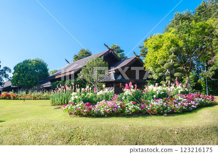 Doi Tung Royal Villa, Mae Fah Luang at Chiang Rai Thailand, Charming house surrounded by vibrant flowers Doi Tung Royal Villa, Mae Fah Luang at Chiang Rai Thailand, Charming house surrounded by vibrant flowers 123216175