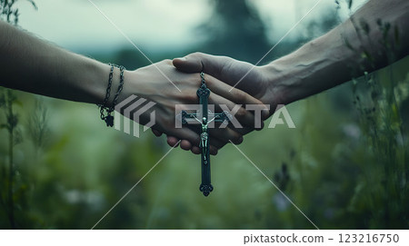 Two shaking hands and a cross 123216750