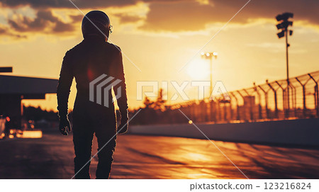 Silhouette of a racer illuminated by the setting sun Silhouette of a racer illuminated by the setting sun 123216824