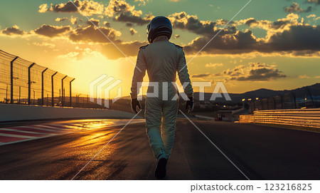 Silhouette of a racer illuminated by the setting sun 123216825