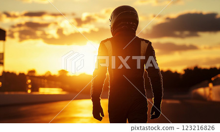 Silhouette of a racer illuminated by the setting sun 123216826