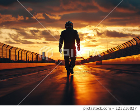Silhouette of a racer illuminated by the setting sun 123216827