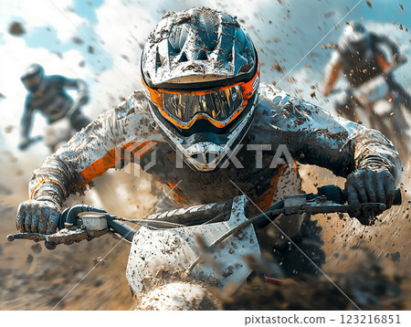 A thrilling motocross race, riders kicking up mud as they race 123216851