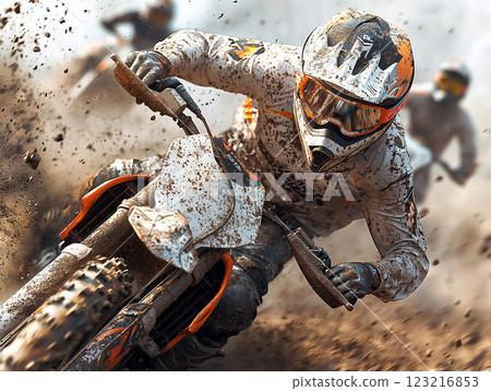A thrilling motocross race, riders kicking up mud as they race 123216853