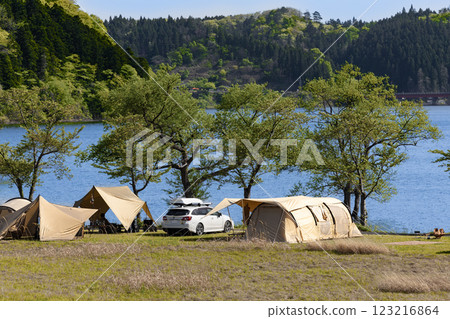 Spring lakeside campsite 123216864