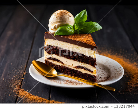 A slice of chocolate layered cake with Tiramisu cream topped with a scoop of ice cream and mint leaves sprinkling with cocoa powder in white ceramic dish with golden spoon on dark wooden table. 123217044