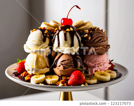 Stack of various ice cream poured with chocolate sauce topped with slice of banana and a red cherry in white ceramic plate with golden pedestral with strawberry, nuts, and slice of banana on creamy wh 123217073