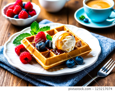 High angle voew of waffles topped with ice cream, mint leaves, blueberry and raspberry fruit poured with honey in white ceramic plate on blue cloth on wooden table with fork, a bowl of fruit and a cup 123217074