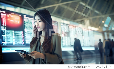 Young Woman Checking Flight Information at Airport 123217192