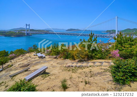 從岡山縣倉敷市下井鷲羽山的休息長椅上欣賞到的春天景色（下井瀨戶大橋、雉石島等） 123217232