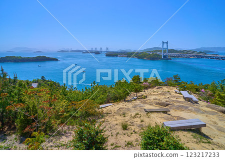 A view to the southwest from a rest bench on Shimotsui Washuzan in Kurashiki, Okayama Prefecture in spring (Shimotsui Seto Ohashi Bridge, Hitsuishijima Bridge, etc.) 123217233