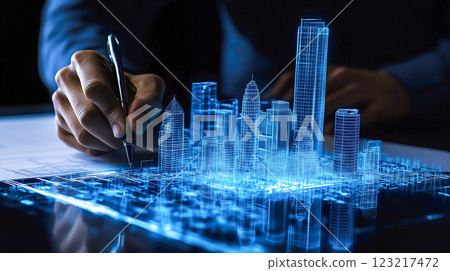 An architect brings architectural designs to life with 3D holographic construction models. The concept of innovation in architecture and futuristic design. Generative Ai. 123217472