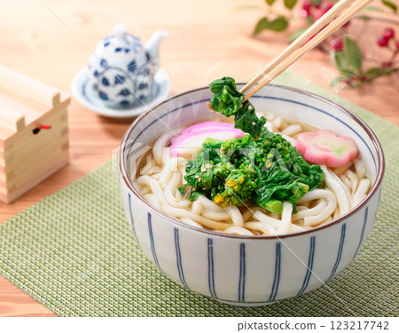 Taste of Spring: Rape Blossom Udon Taste of Spring: Rape Blossom Udon 123217742