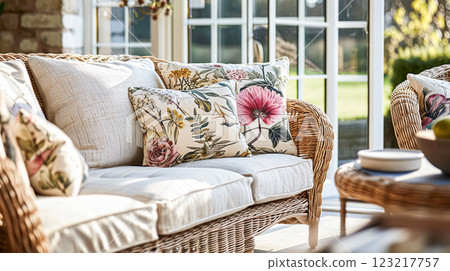 Colorful pillows on sofa against glass wall of window in a winter garden or conservatory. Interior textile concept. High quality photo 123217757