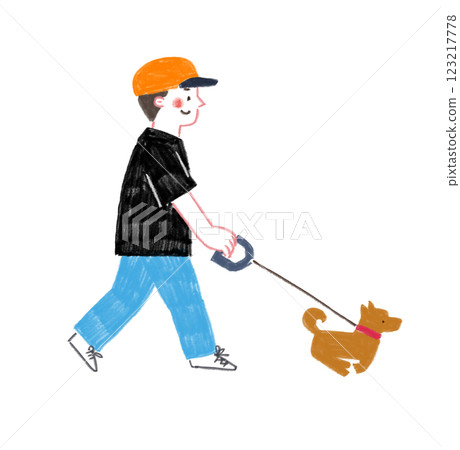 用色鉛筆繪製的一名男子遛狗的插圖 用色鉛筆繪製的一名男子遛狗的插圖 123217778