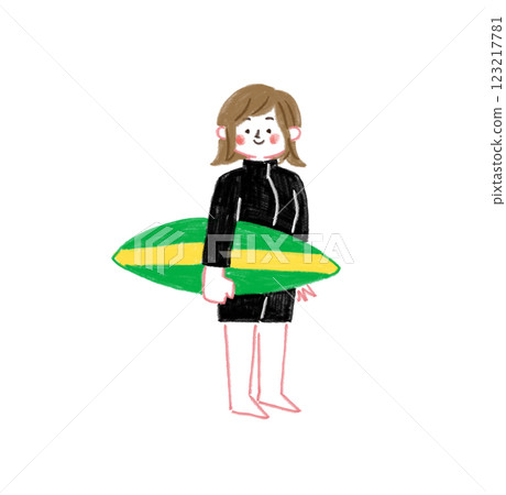 用色鉛筆繪製的一位女性衝浪者的插圖 123217781