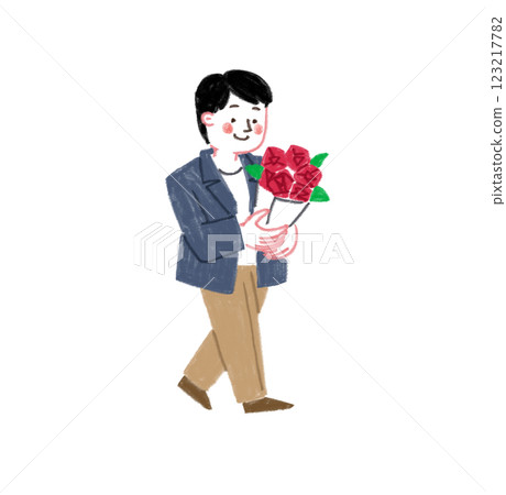 Illustration of a man holding a bouquet of roses, drawn with colored pencils 123217782