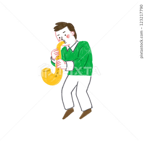 Illustration of a man playing the saxophone, drawn with colored pencils 123217790