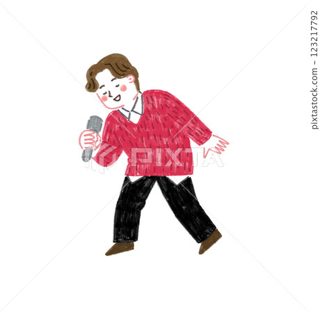用色鉛筆繪製的一位男士唱卡拉 OK 的插圖 123217792