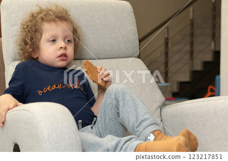 Little boy 3 years old in chair watching cartoon in room and eating biscuits. Children and lifestyle. Emotional Intelligence. Little boy 3 years old in chair watching cartoon in room and eating biscuits. Children and lifestyle. Emotional Intelligence. 123217851