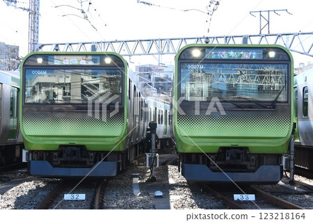 Yamanote Line E235 series trains (seasonal flower display) lined up at a train depot Yamanote Line E235 series trains (seasonal flower display) lined up at a train depot 123218164