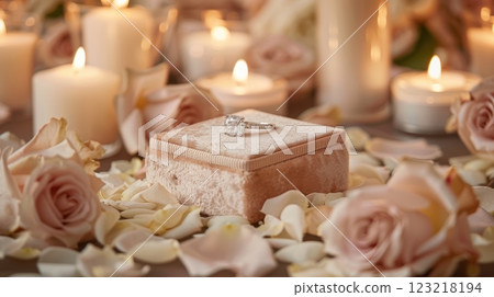 Elegant Velvet Box with Engagement Rings Surrounded by Romantic Rose Petals and Candlelight 123218194
