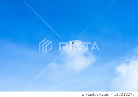 An airplane flying gracefully in a clear blue sky with copy space 123218273