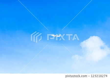 一架飛機在湛藍的天空中優雅地飛行，還有影印空間 123218274