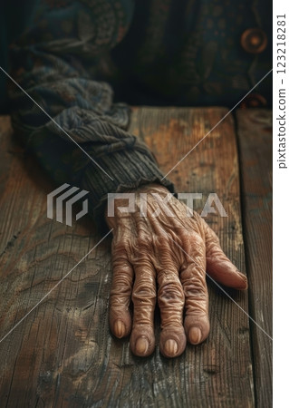 Intimate Portrait of Elderly Hands Resting on Rustic Table in Warm Lighting 123218281